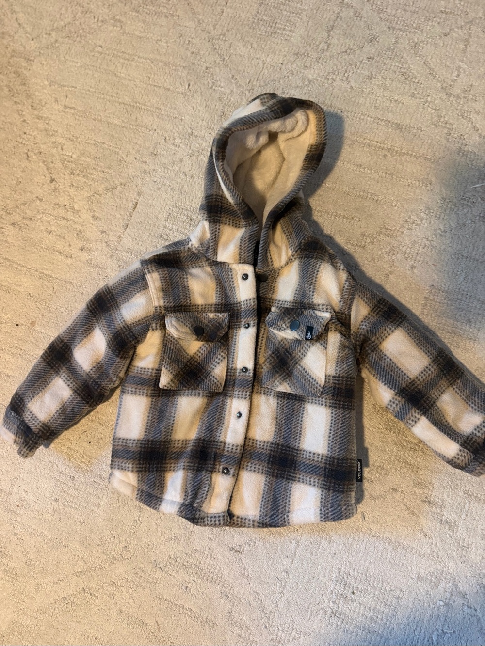 Volcom Kids Hooded Plaid Coat - Cream & Gray